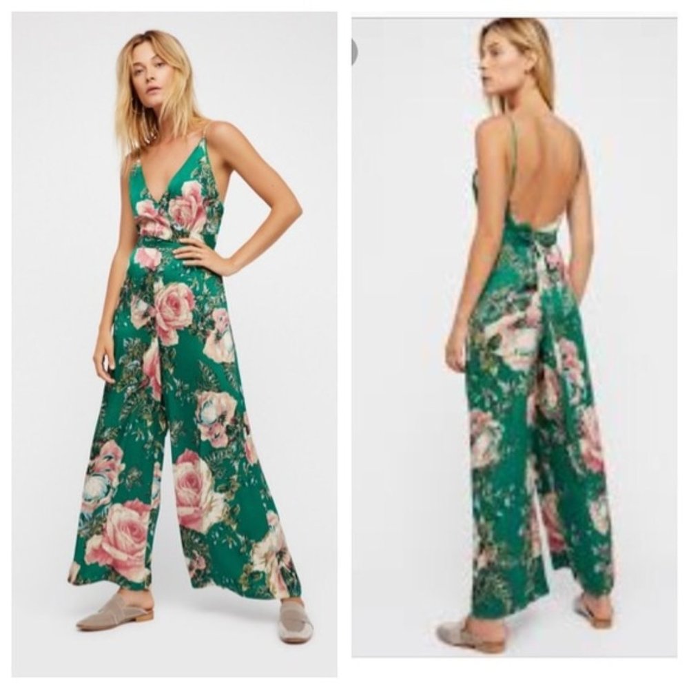 Free People Cabbage Rose Silky Floral Wrap Tie Back Wide Leg Jumpsuit Sz 4 Green